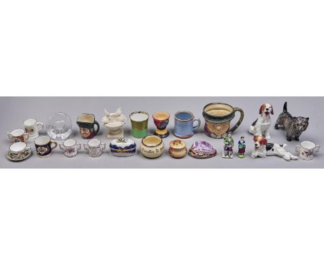 Miscellaneous British miniature pottery and porcelain, to include a Ewenny blue glazed mug, Royal Crown Derby and other mugs 