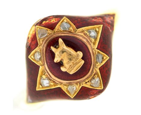 A Russian diamond, gold and red guilloche enamel signet ring,&nbsp;probably early 18th c, applied with crest of an ass's head