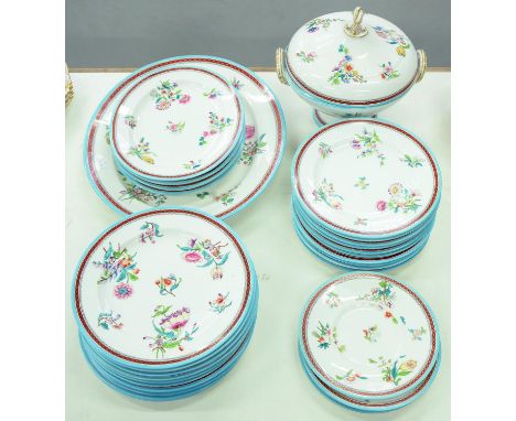 A Royal Worcester dinner service, c1880, printed and painted with flowers, in red diaper and turquoise border, the service in