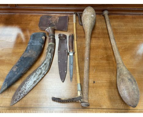 A Gurkha knife together with an antler handled dagger, a bamboo and stag horn hunting whip and a pair of jugglers clubs