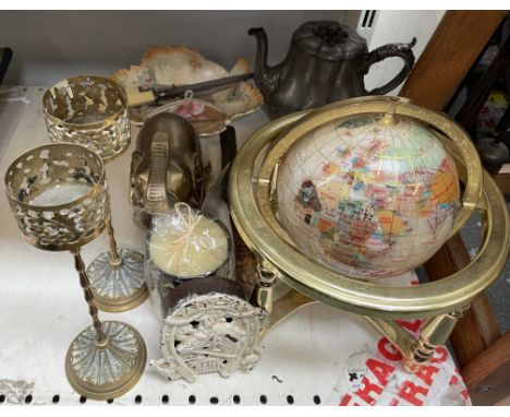 A gem set globe, together with brass candlesticks, teapot etc