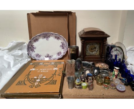 A walnut cased bracket clock together with "Le Bellezze D'Italia" by C Ferrario, pottery meat plate paperweights, desk seals,