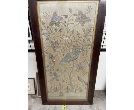 A stump and wire work tapestry, depicting an owl in a tree, with other bird sand flowers together with a dressing table mirro