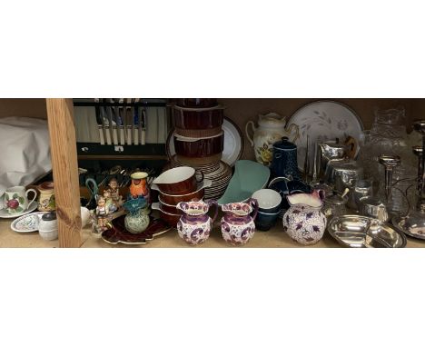 A large lot including a cased part flatware service, electroplated epergne, Hummel figures, Mdina vase, Wedgwood pink lustre 