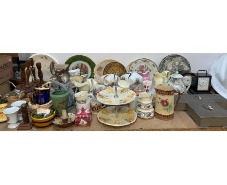 A Clarice Cliff Celtic harvest pattern two tier cake stand together with part tea sets, jugs, commemorative china, treen cand