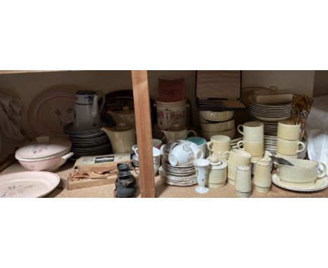 A Poole pottery part dinner set together with a Stanley part tea set, decorative plates, Howlett's garden labels, a Poole Lea