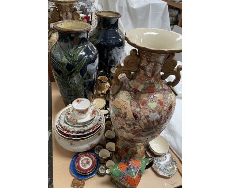 A pair of Japanese satsuma vases, together with a pair of stoneware vases, boot liquor flask, mugs, toby jug, stein, Royal Do