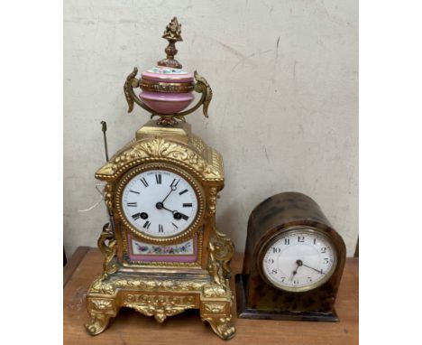 A 19th century French gilt metal and pink porcelain mantle clock together with a tortoiseshell clock