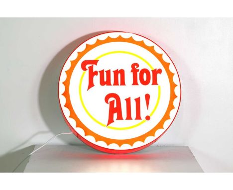 'Fun for All',late 20th century, a round acrylic fairground light-up sign, decorated in red and orange, and reading 'Fun for 