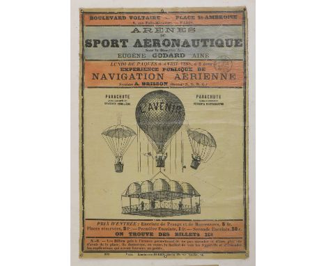A balloonists' poster,1970s, a reproduction balloon poster dated 1885, for an aeronautical show under the direction of Eugène