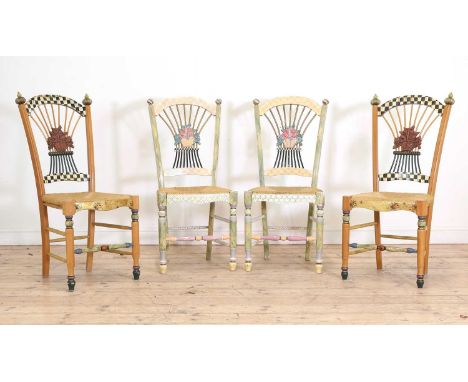 A set of four 'Flower Basket' dining chairs,1980s, American, by Mackenzie-Childs, with painted maple frames in two distinct d
