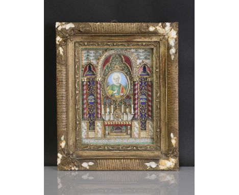 A scratch-built shadowbox reliquary, 19th century, likely Italian, constructed as an altar with brass and paper filigree work