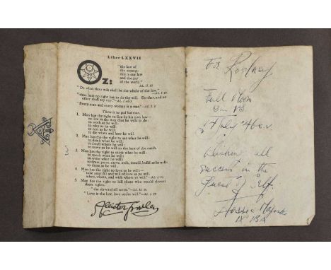 Aleister Crowley Interest,1940s, a rare note from Aleister Crowley printed with a portrait of Crowley, together with the text