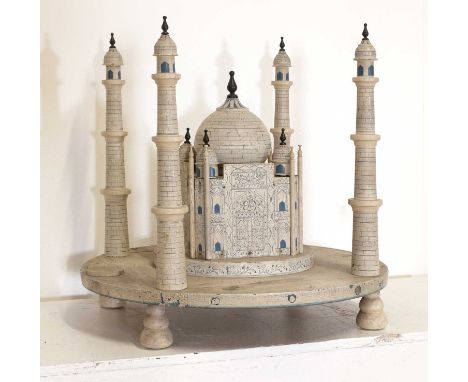 A folk art architectural model of the Taj Mahal,late 19th/early 20th century, Indian, papier mâché with bobbin-turned spires 