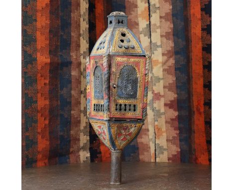A Moorish-style toleware lantern,19th century, decorated in polychrome with Knights Templar crosses,53cm high