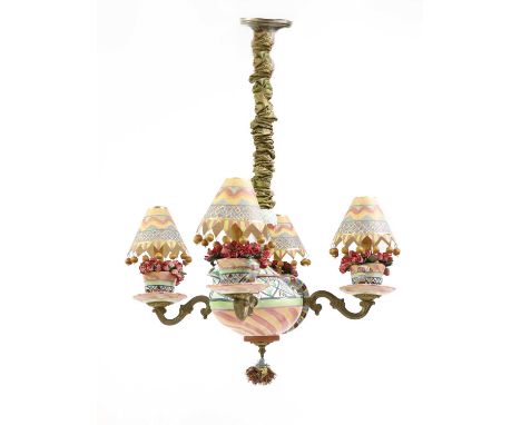 An American 'Tea Party' chandelier, late 20th century, by Mackenzie-Childs, with a central glazed ceramic teapot body with fo