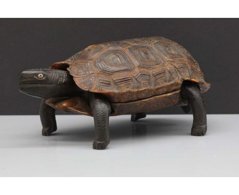 A fine Anglo-Indian ebony and rosewood trinket box,19th century, modelled as a tortoise, set within a hinged tortoise shell c