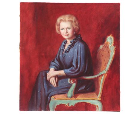 British School, 1990s a seated portrait of Margaret Thatcherunsigned, oil on canvas110 x 95cm, together with an associated br