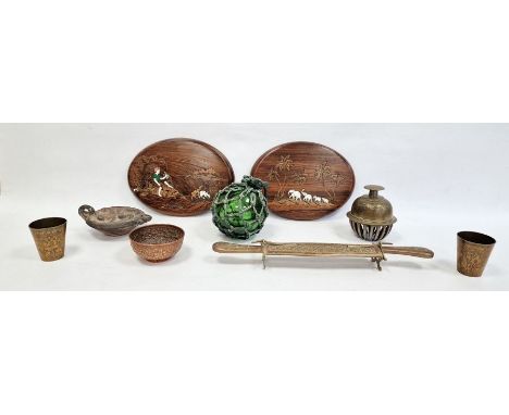 Eastern hardwood oval plaques with inlaid decoration, a witch's ball, two Eastern brass beakers, a Greco-Roman-style oil lamp