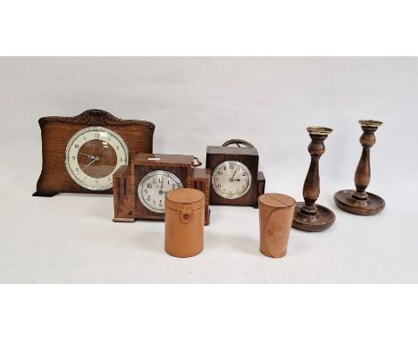 Ferranti mantel clock, further mantel clocks, candlesticks, stirrup cups and a tray