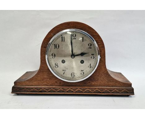 20th century Napoleon's hat shaped oak-cased mantel clock with Arabic numerals to the dial