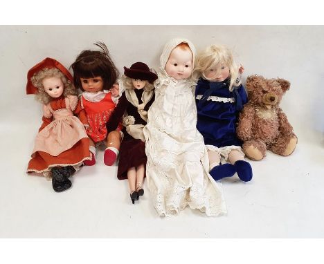 Sasha baby doll in basket '505 Sasha Baby Playsuit Brown Hair' in box and five modern dolls, including Sabino doll, and baby 