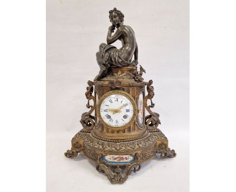 Leroy French bronze and porcelain inlaid mantel clock with eight-day striking movement, the demi-lune case surmounted by clas