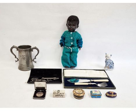 Pedigree plastic doll, a pewter trophy from Christ College Trial Eights (17cm H), patch boxes, blue and white cat ornament, s