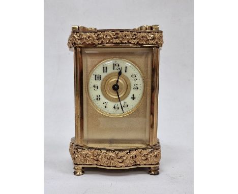 Late 19th century five-glass carriage clock with elaborate floral decoration to case, Arabic numerals on ceramic chapter ring
