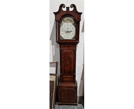 George III inlaid mahogany longcase clock with swan-neck pediment, the painted arched dial decorated with cottage to the arch