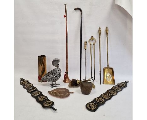 Metalwares to include brass shell case, copper leaf dish, fireside tools, post horn, etc (1 tray)