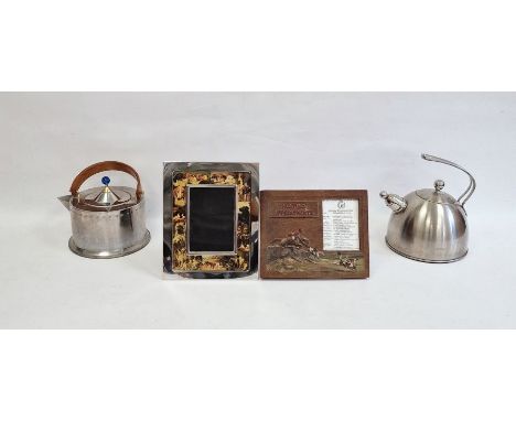 Stainless steel kettle designed by C Jorgensen for Bodum, a carved oak and handpainted hunting appointments frame, a further 