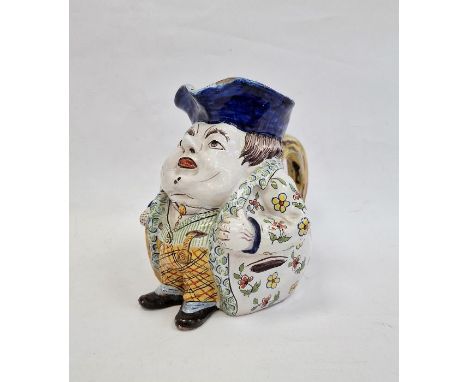 French faience Toby style jug, portly gentleman wearing floral jacket, striped waistcoat, probably Fourmaintraux-Desvres, 18.