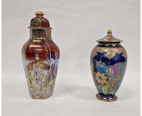 Carltonware lustre vase and cover, ovoid, floral decorated on a blue ground, 17cm high and a lustre porcelain vase and cover,
