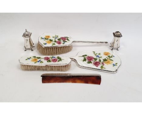 Silver salt and pepper, silver-backed comb and further silver and enamel dressing table items (1 box)