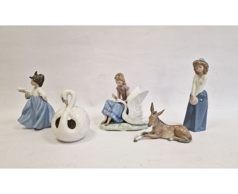 Nao girl with swan, two Nao figures of girls,&nbsp;&nbsp;Lladro figure of a donkey and a Lladro swan pot pourri hanger (5)