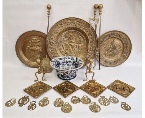Brassware to include fireside companion tools, trays, and horse brasses, together with a blue and white ceramic bowl
