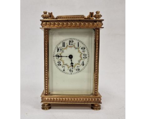 19th century glass and brass carriage clock, the enamel dial decorated with intricate Arabic numerals with delicate floral sw