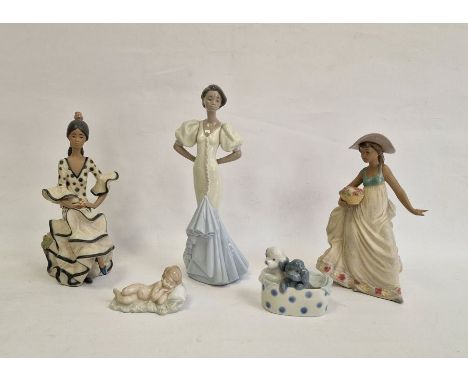 Lladro figure of seated flamenco dancer, a Lladro bisque figure of girl carrying basket, another figure of a girl, a Lladro s