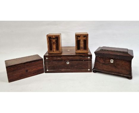 19th century rosewood two-section tea caddy and further assorted boxes, etc (5) 