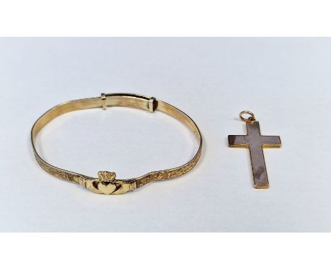 Gold-coloured metal cross pendant, 4.3g approx. and a rolled gold bangle (2) 