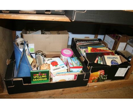 A shelf of miscellaneous, vinyl records etc.