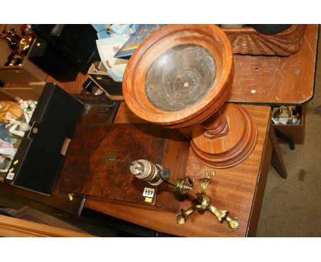 A writing slope, brass light fixture etc,