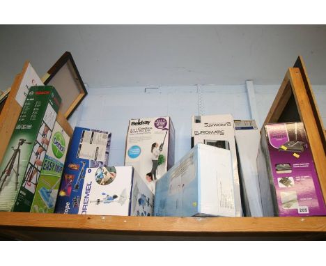 A shelf of miscellaneous, digital tower heater, telescope set etc. (as new, boxed)