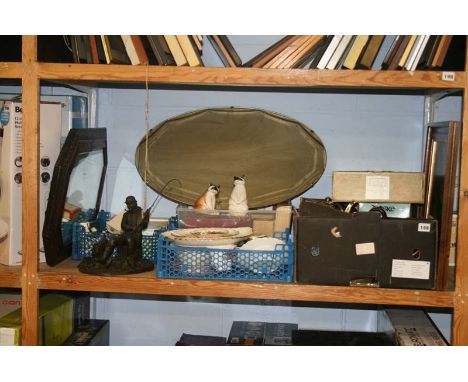 A shelf of miscellaneous, Heredities angler figure etc.