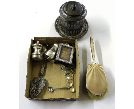 A box of mixed silver and platedware to include enamel decorated brush, a silver salt stamped 925, a small silver frame etc.