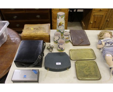 A continental pottery jug with three matching mugs; a manicure set; a burr wood box; a cine camera etc. 