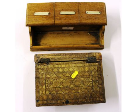 An early 20th Century golden oak desk ink well; together with a Prisoner of War style trinket box in the form of a book 