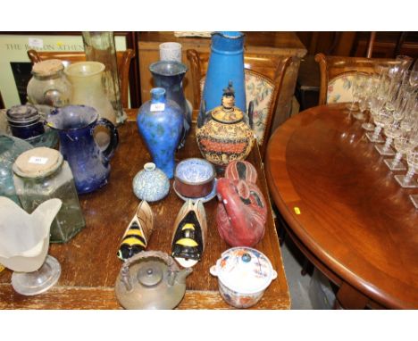 A blue enamel jug; a quantity of various pottery etc. 