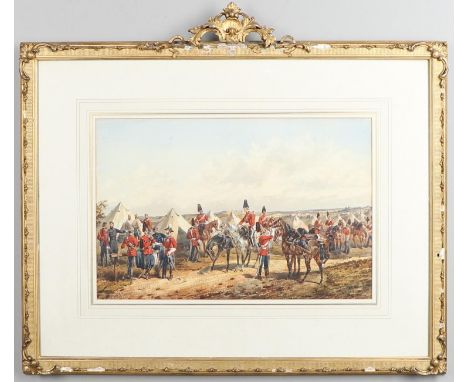 A watercolour with a variety of soldiers in uniform, the majority in scarlet tunics, some in patrol jackets, probably the 1st